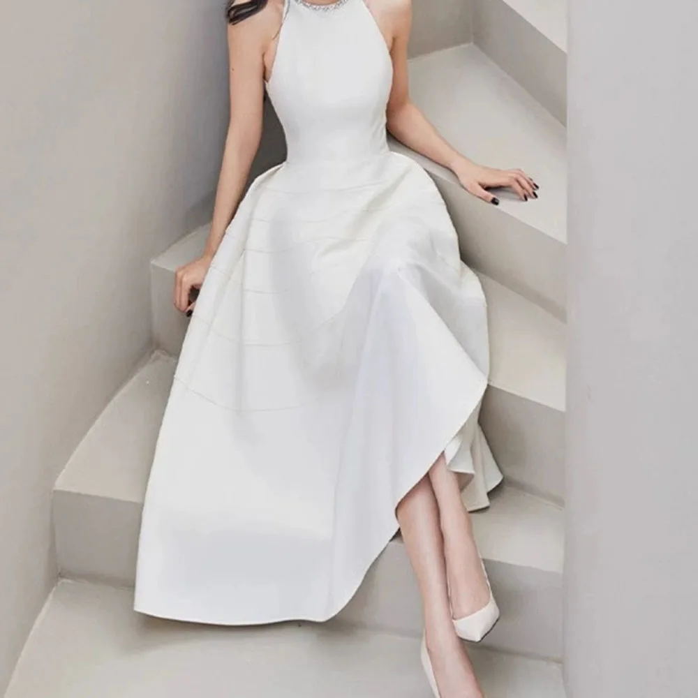 فستان سهرة طويل بدون أكمام من الحرير الكريستالي والساتان طويل ماكسي مطرز لحفلات الزفاف بدون ظهر بدون أكمام بخط واحد-GZXX1320 #3