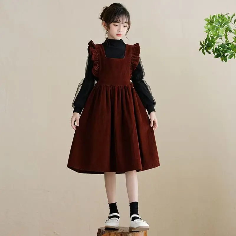 

Girls' Vest Dress Princess Dress Autumn Outfit2025New Stylish Children's Autumn Winter Clothing Autumn Wine Red Dress Fashionabl