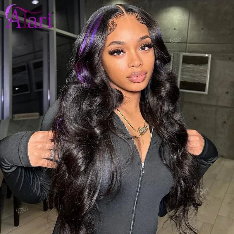 

Brazilian 5x5 Closure Body Wave Human Hair Wigs Transparent Black with Purple Highlights 13x6 13x4 Lace Frontal Wig Pre Plucked