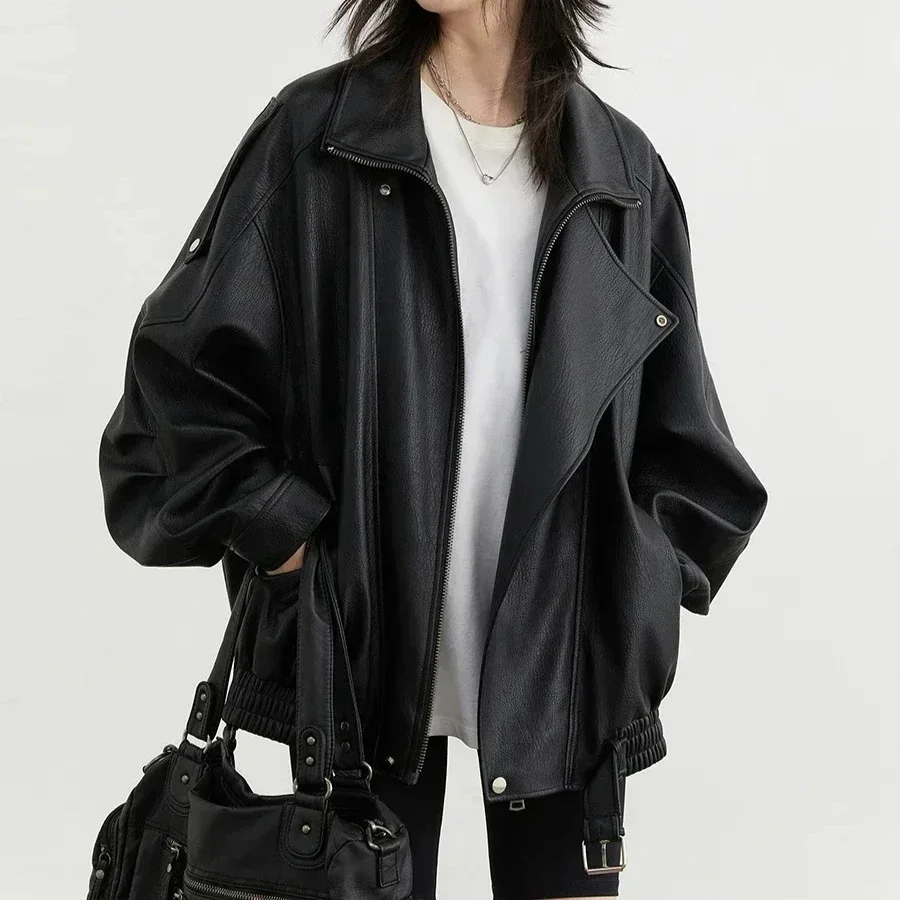 2025 Spring Autumn PU Jacket Female Loose Motorcycle Faux Leather Coat Female Solid New Retro Standing Collar Top Vintage Coat