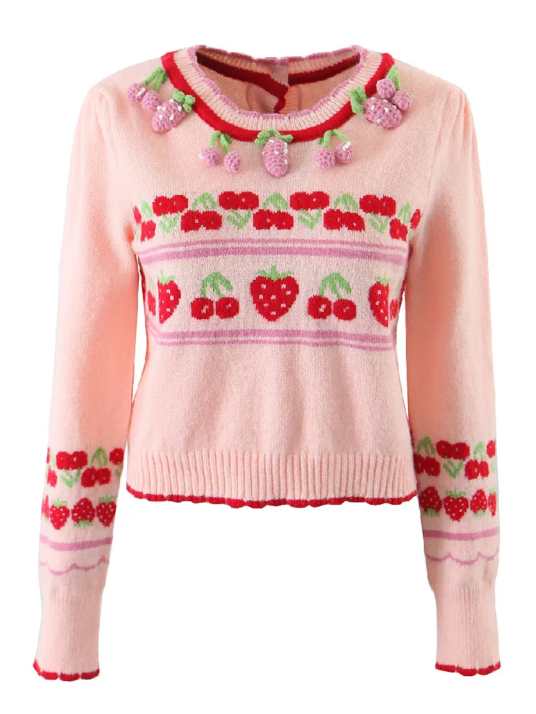 2022 Autumn 2 style Wears 3D Cherry Fruit Back Buttons Cropped Cardigan Woman O neck Puff Sleeve Knitted Sweater Knitwear Pink