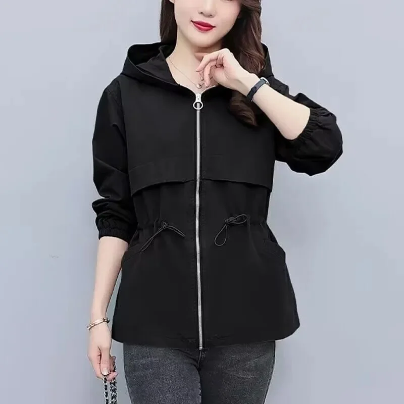 2023 Women New Hooded Coat Drawstring Small Short Style Versatile Fashion Foreign Style Women's Coat High end Female Windbreaker