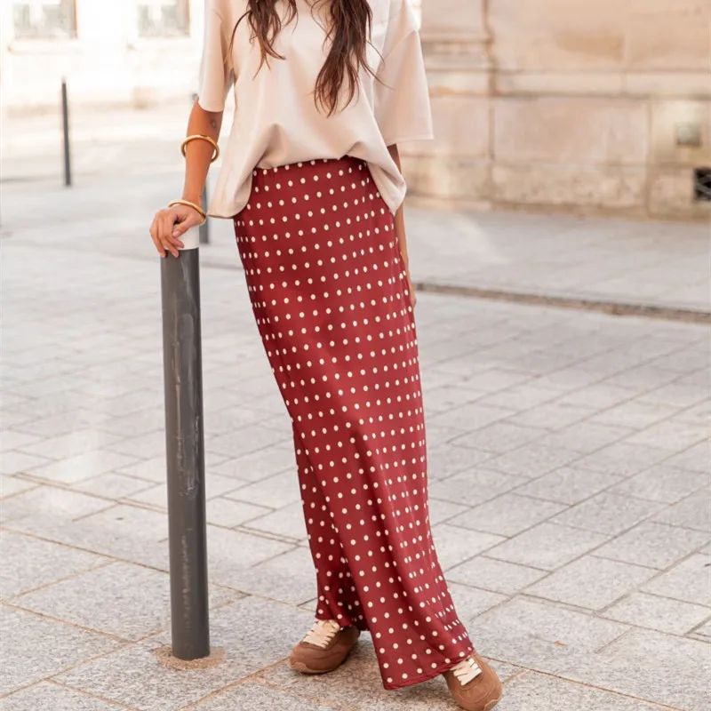 Femmes été élégant soyeux Y2k Vintage à pois imprimé pure dentelle florale garniture ourlet Patchwork Satin soie a-ligne jupes longues