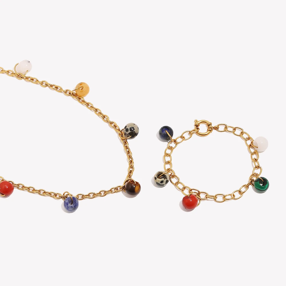 E.B.belle Colorful Beaded Necklace Bracelet Matching Jewelry Set 316L Stainless Steel 18K Gold Plated Fashion Women Jewelry Kit