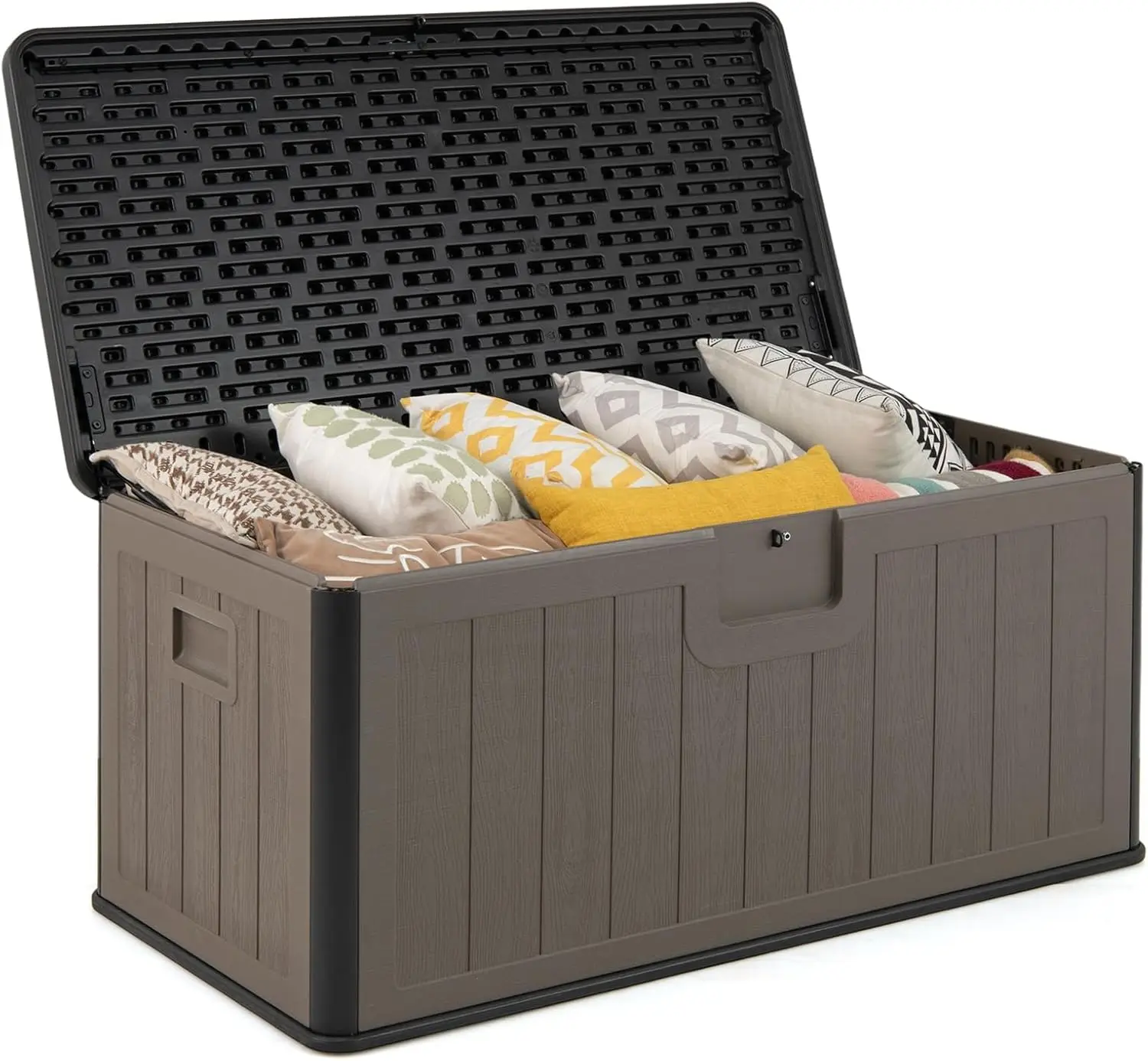 

100 Gallon Outdoor Storage Box, Resin Outdoor Storage Bench with Lockable Lid, Waterproof Deck Box for Garden Tools, Pool Ac