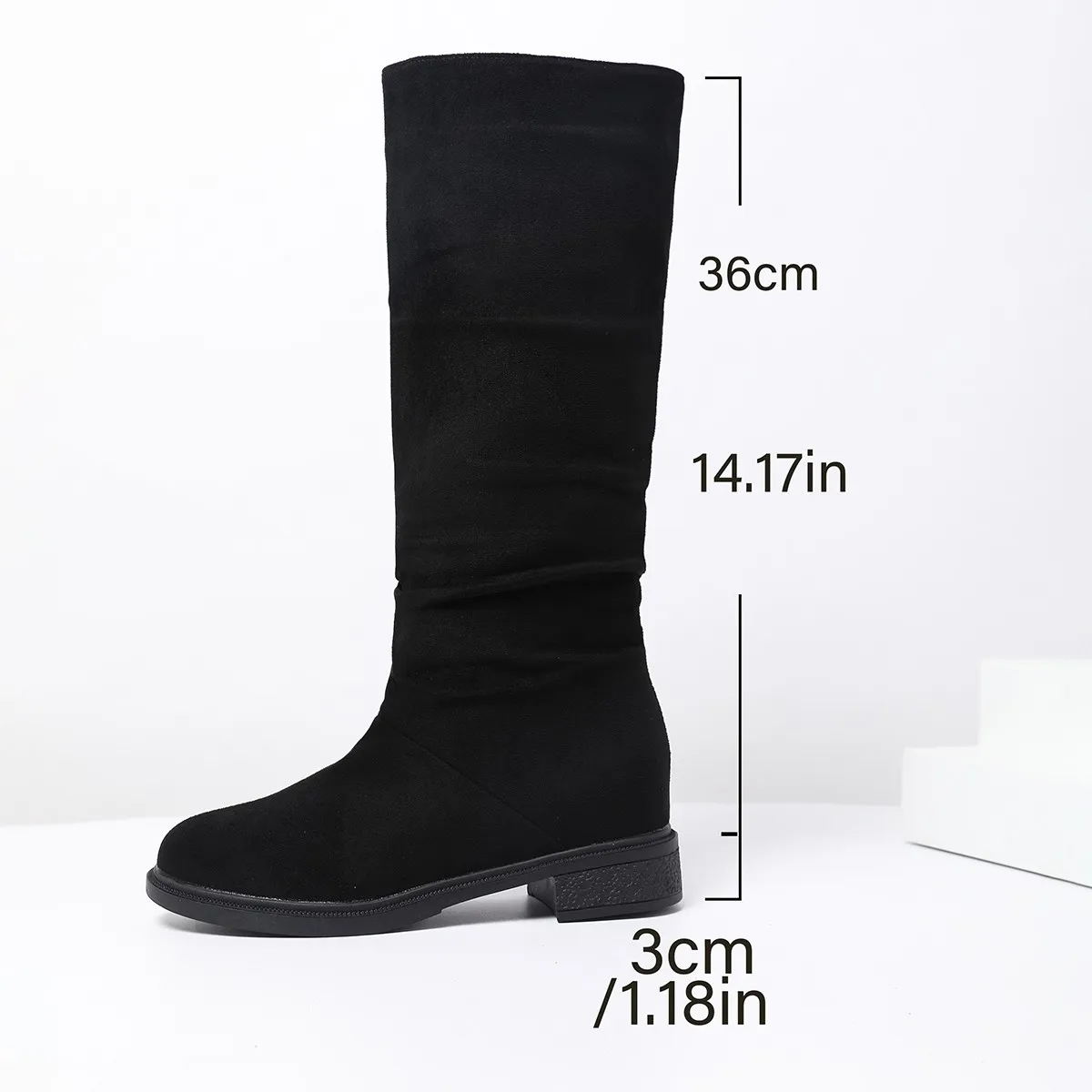 

Pleated Boots Women Faux Suede Flock Knee High Boots 2025 Winter Women Fashion Slip on Square Low Heel Knight Booties Mujer