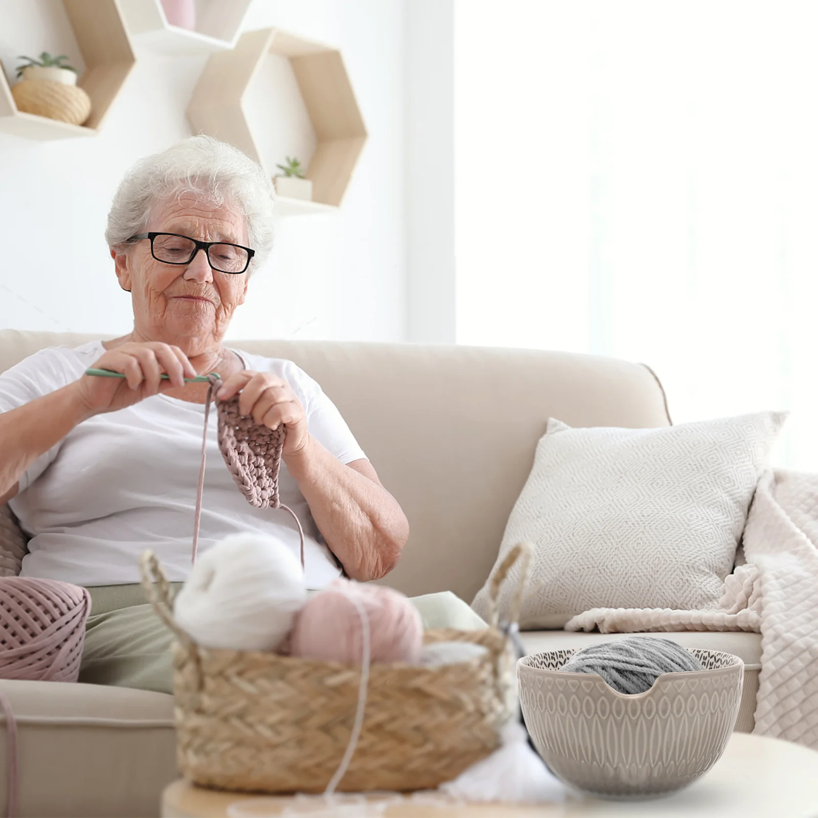 Cuenco de hilo de cerámica, soporte para gancho de ganchillo, organizador de almacenamiento de tejido de superficie lisa, contenedor de lana multifuncional para artesanía