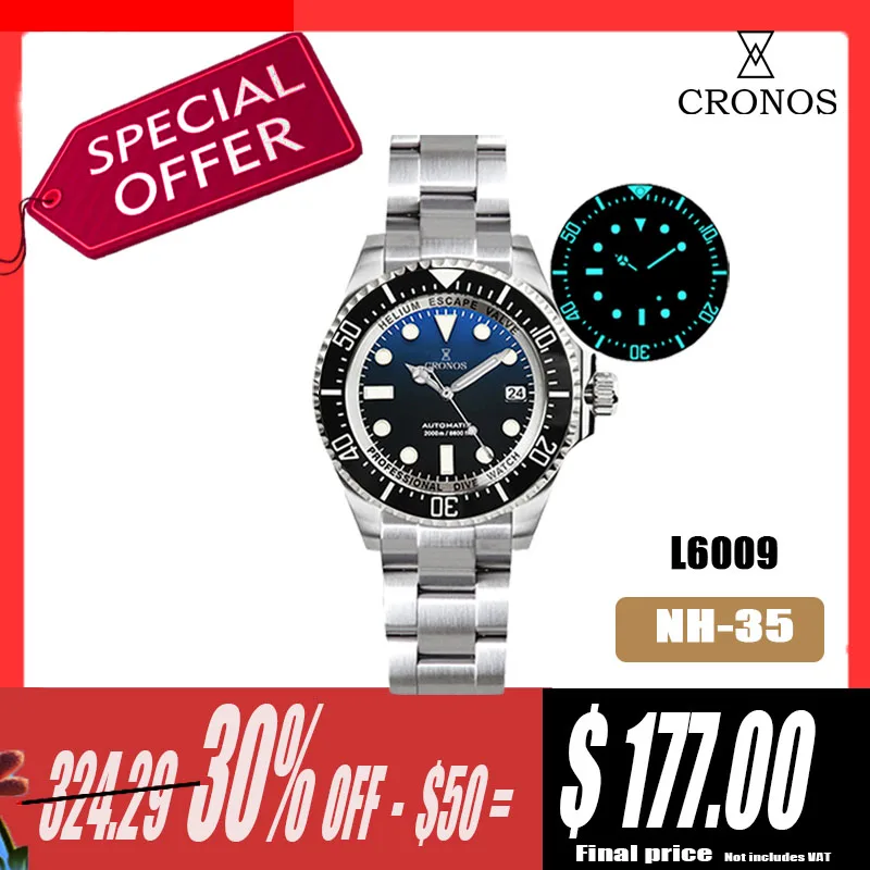 

Cronos Automatic Diving Man Watch Stainless Steel Bracelet 2000 Meters Water Resistance Professional Diver Men's Watches L6009M