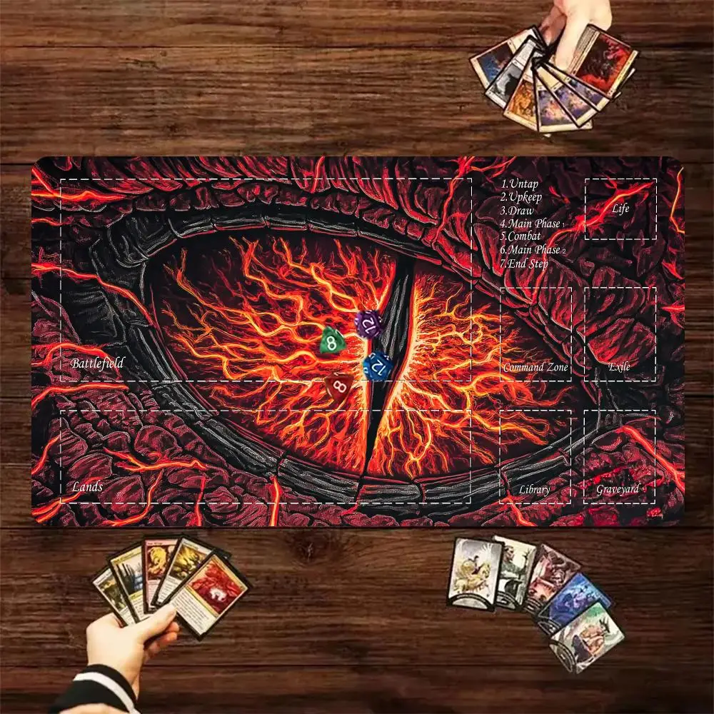 60x35cm Playmat With Full Field Zones Lava Red Dragon Eye Fire Flame Art Premium Anti-Slip Rubber TCG Trading Card Game Desk Mat