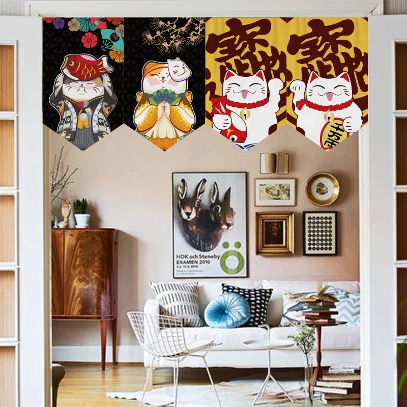 Japanese Lucky Cat Partition Short Flag Curtain Half Triangle Curtain Kitchen Bedroom Commercial Shop Decoration Hanging Curtain