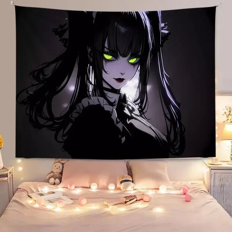 VIKAMA Dark Manga Girl Green Eyes Horizontal Tapestry Wall Hanging for Wall Decor Cozy Aesthetic Hippie Bohemian Home Decor