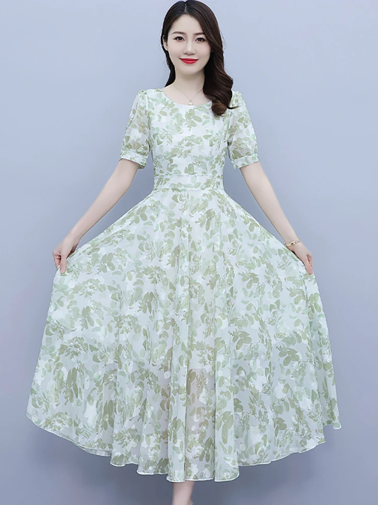 Casual Floral Chiffon Boho Beach Long Dress Summer Women Elegant Bodycon Prom Dress 2024 Korean Chic Party Evening Midi Vestidos
