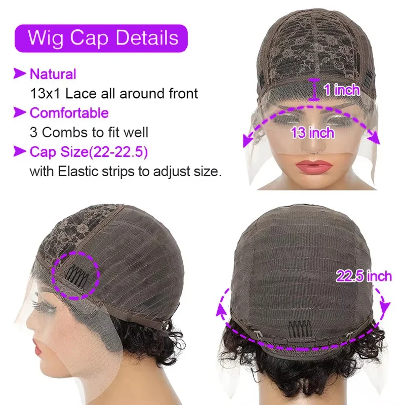 99Jピクシーカットウィッグ カラー 13x1レースウィッグ スプリングカール ショートボブ 人毛ウィッグ 女性用 ナチュラルブラックカラー 人毛ウィッグ 1B