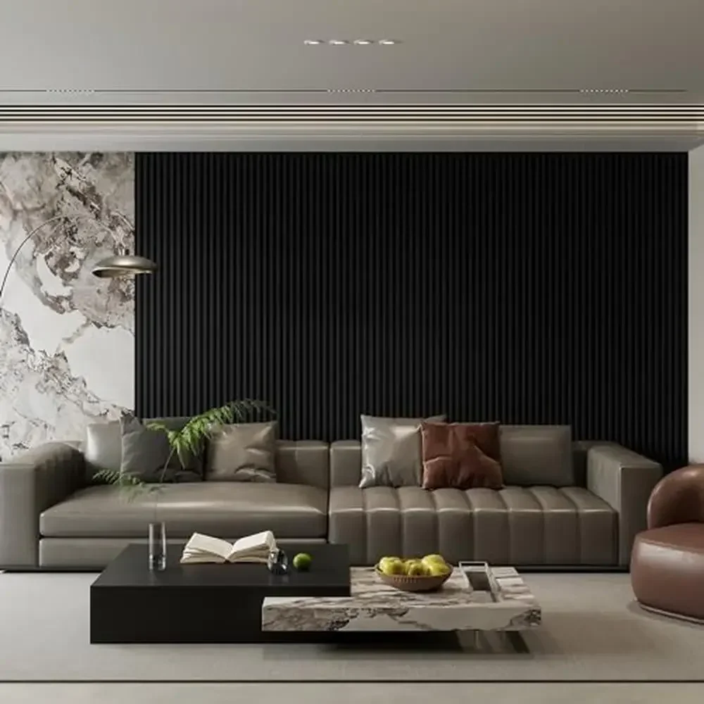 6-حزمة الخشب الحبوب ثلاثية الأبعاد لوحات الحائط شريحة لوحة الحائط 96 "x 6.2" WPC شرائح شبكة سوداء 2 الزخارف صديقة للبيئة مقاومة للحريق