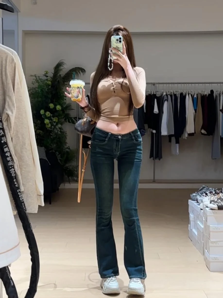 

Ретро джинсы-клеш с низкой посадкой, выцветшие, женские, весна-осень, новый стиль, эластичные, утягивающие, в пол