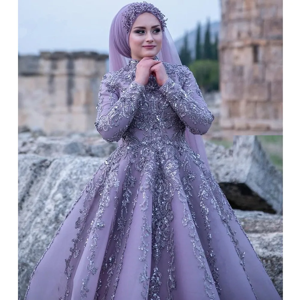 Lavender Lilac Long Sleeve Muslim Evening Dresses Gillter Applique Luxury Dubai Arabic High Neck Prom Occasion Gown customsized