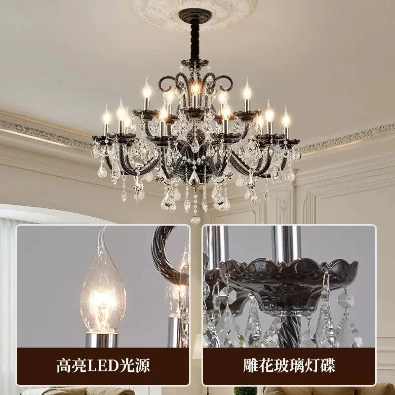 French retro black crystal chandelier, palace style living room light, high-end villa light luxury dining room bedroom light