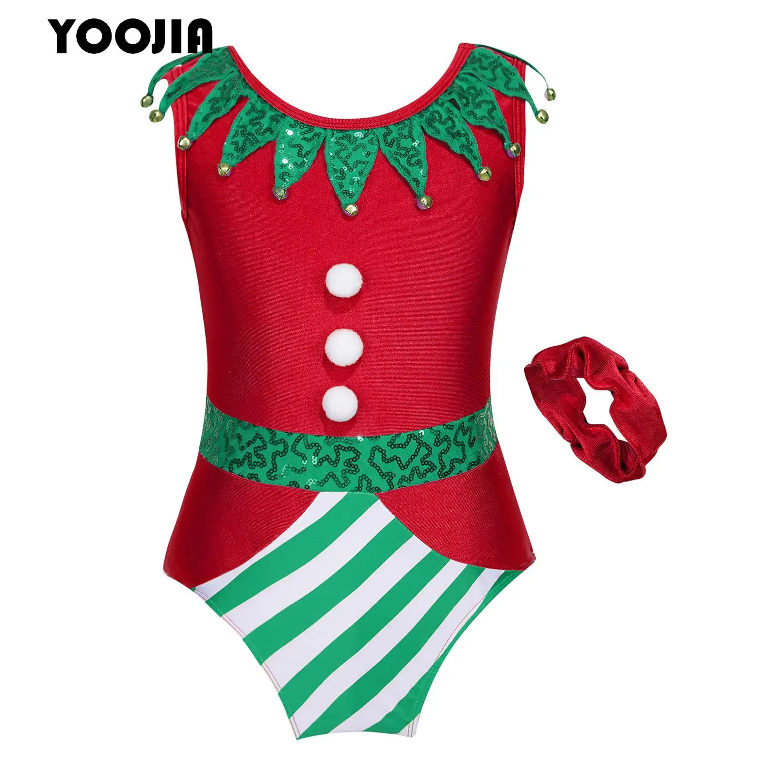 

Kids Girl Candy Cane Christmas Elf Cosplay Costume Sleeveless Sequins Ballet Leotard Gymnastics Skating Bodysuit Unitard Outfits