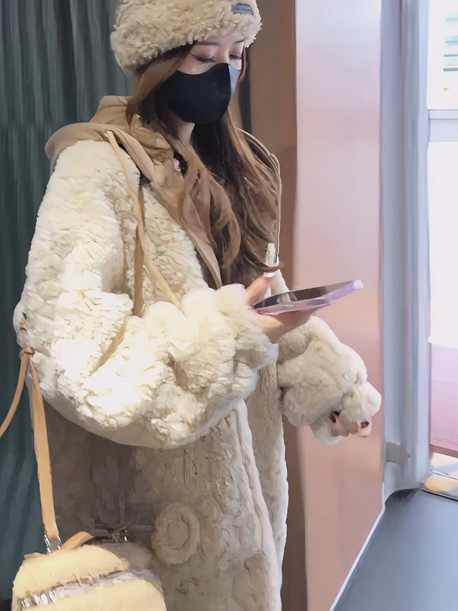 Jaet intercé en fourrure d'agneau faux deux pièces vêtements d'extérieur Thi chaud manteau mi-long printemps nouveau Sle trajet Sle coupe ample longue...