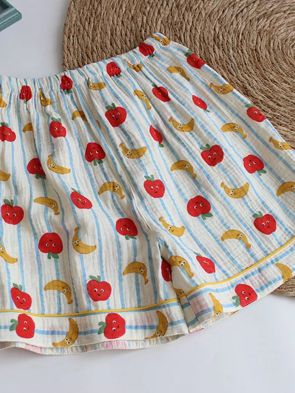

Summer Women's Pure Cotton Home Clothes ort Sve ort Pants Spwear Set Double Layer Gauze Thin Print Pleated Gauze