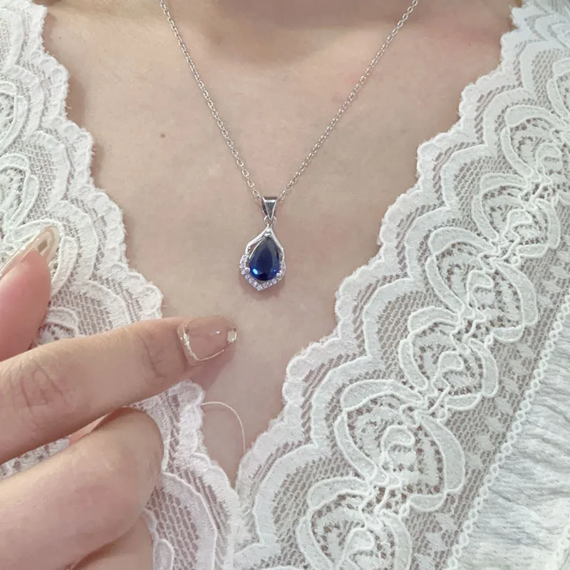 9999 gold sea blue crystal necklace - short style blue drop collar chain - European style