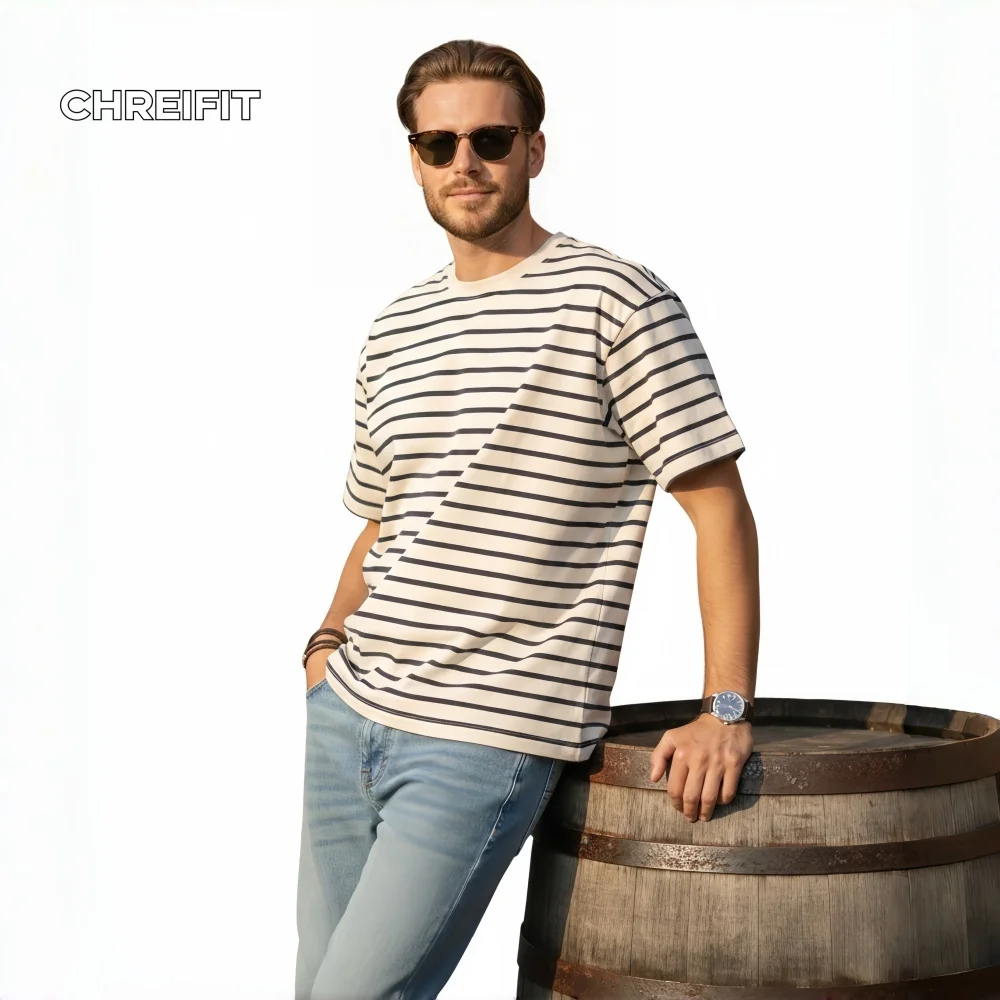 

CHREIFIT Men's Striped T-Shirt Summer Casual Short Sleeve Basic Tee Fashion Crew Neck Top Men European Style Streetwear Clothes