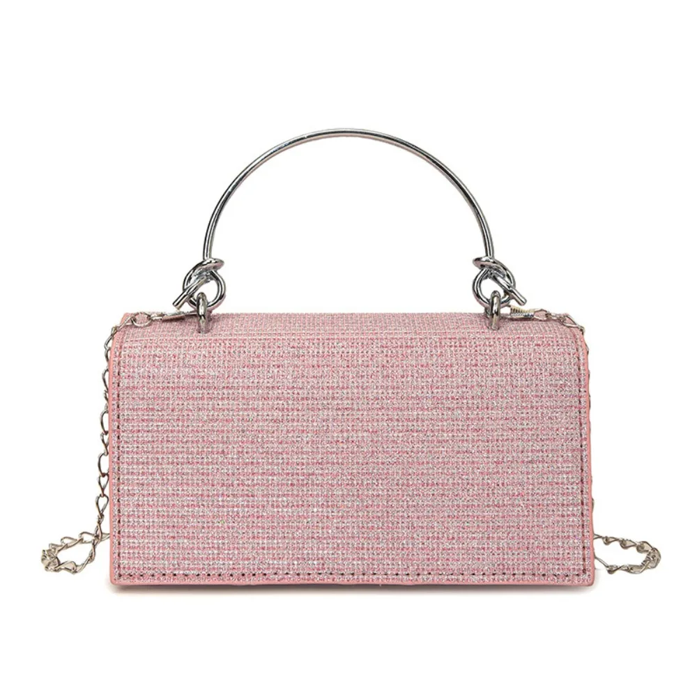 

Portable Elegant Women Clutch Bag Trendy Metal Top Handle Shiny Crossbody Bag Solid color With Chain Ladies Tote Handbag Bridal