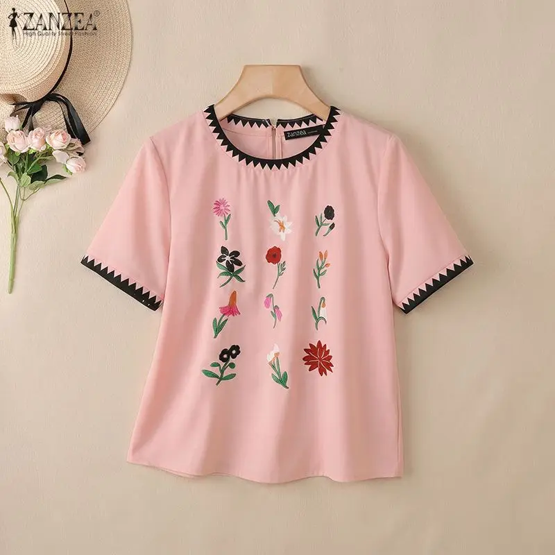 

2026 ZANZEA Summer Floral Printed Blouse Women Bohemian Short Sleeve Tops Vintage O Neck Work Blusas Tunic Casual Holiday Shirt