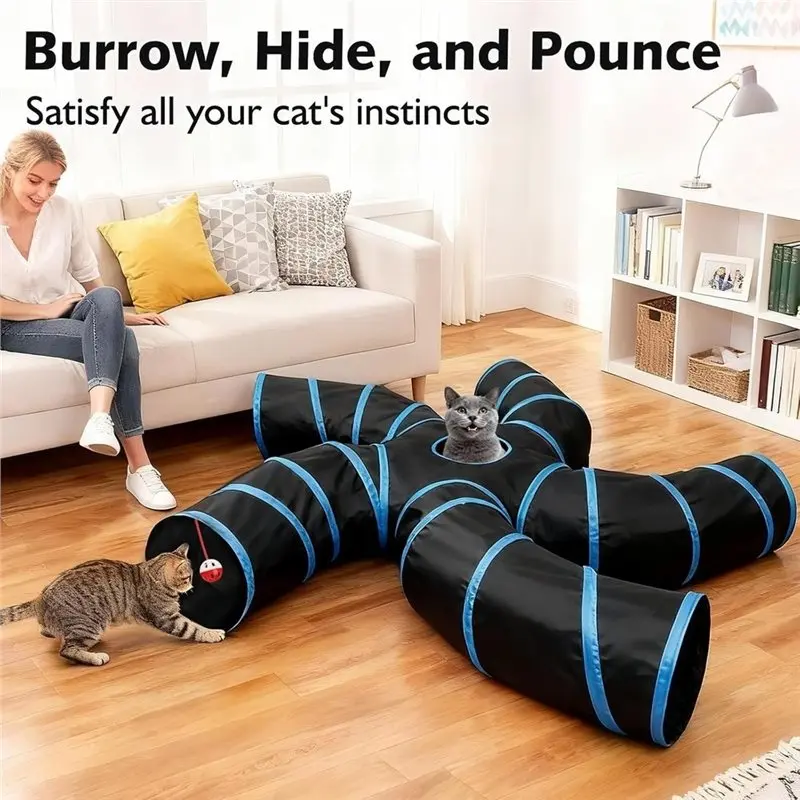 AS60-Tube For Cats- 5-Way Cat Tunnel With Hole To Chase& Hide, Bell Ball& Mouse For Multi-Cat Households