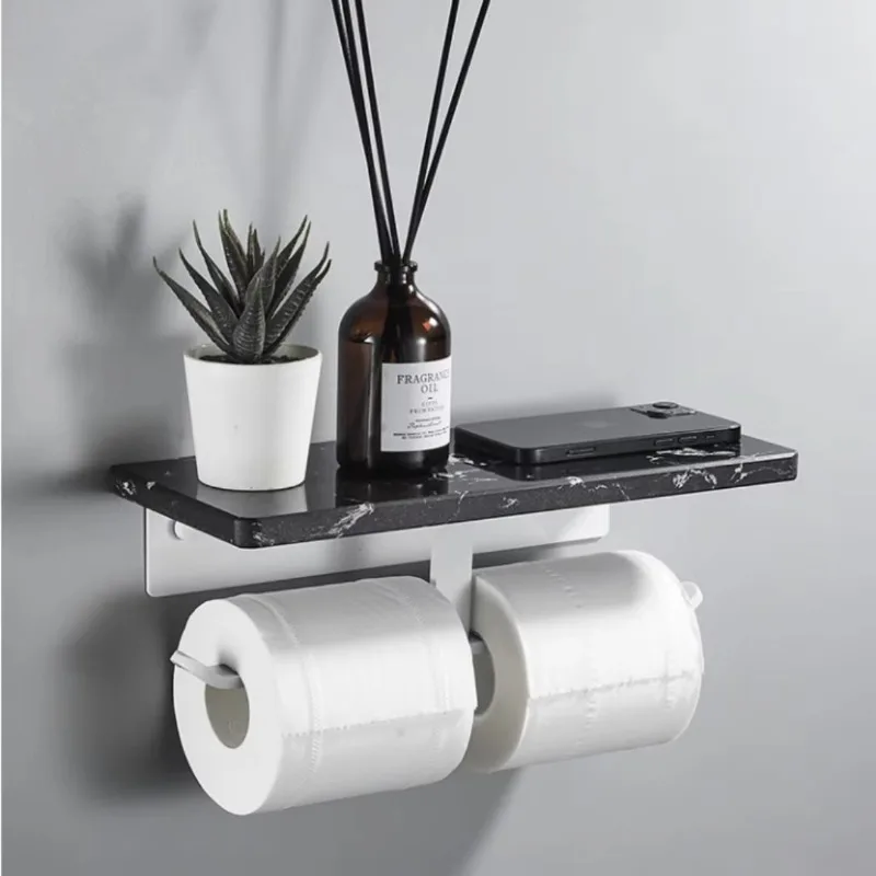 White Marble Black Bathroom Tissue Roll Holder, Wall Mount Toilet Paper Rack With Mobile Phone Storage Shelf