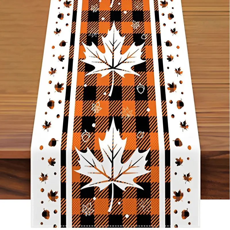 VIKAMA 2/4/6pcs Autumn Thanksgiving Table Flag Checkered Pumpkin Maple Leaf Linen Table Flag Rural Style Table Decoration