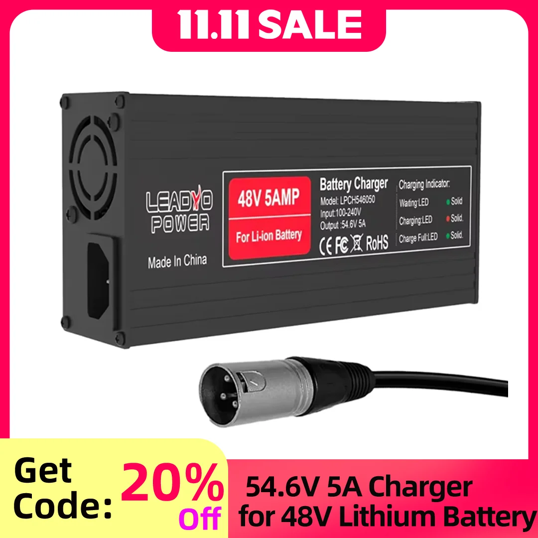 

54.6V 58.8V 5A Battery Charger for Li-ion 48V 52V Electric Bike Bicycle with DC2.1 plug Aluminum Case Cooling Fan Smart Charger