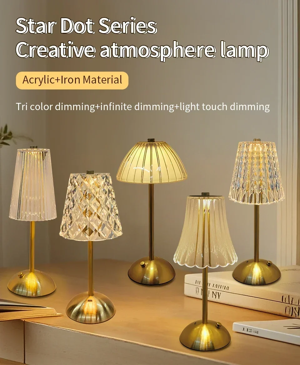 Rechargeable Touch Table Lamp 3 Colors Dimmable Artificial Crystal Lamp Portable Night Light for Bedroom Living Room Restaurant