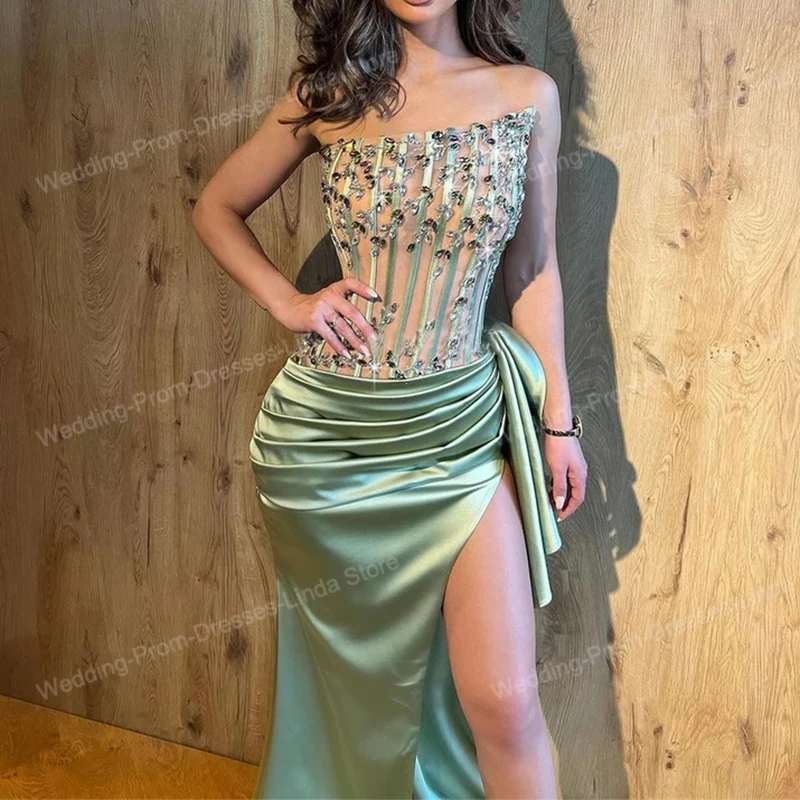 Customized Sage Sparkle Beads Birthday Prom Gowns For Party Lace-Up Back Sexy Long Split Satin Women Formal Evening Dresses 2025