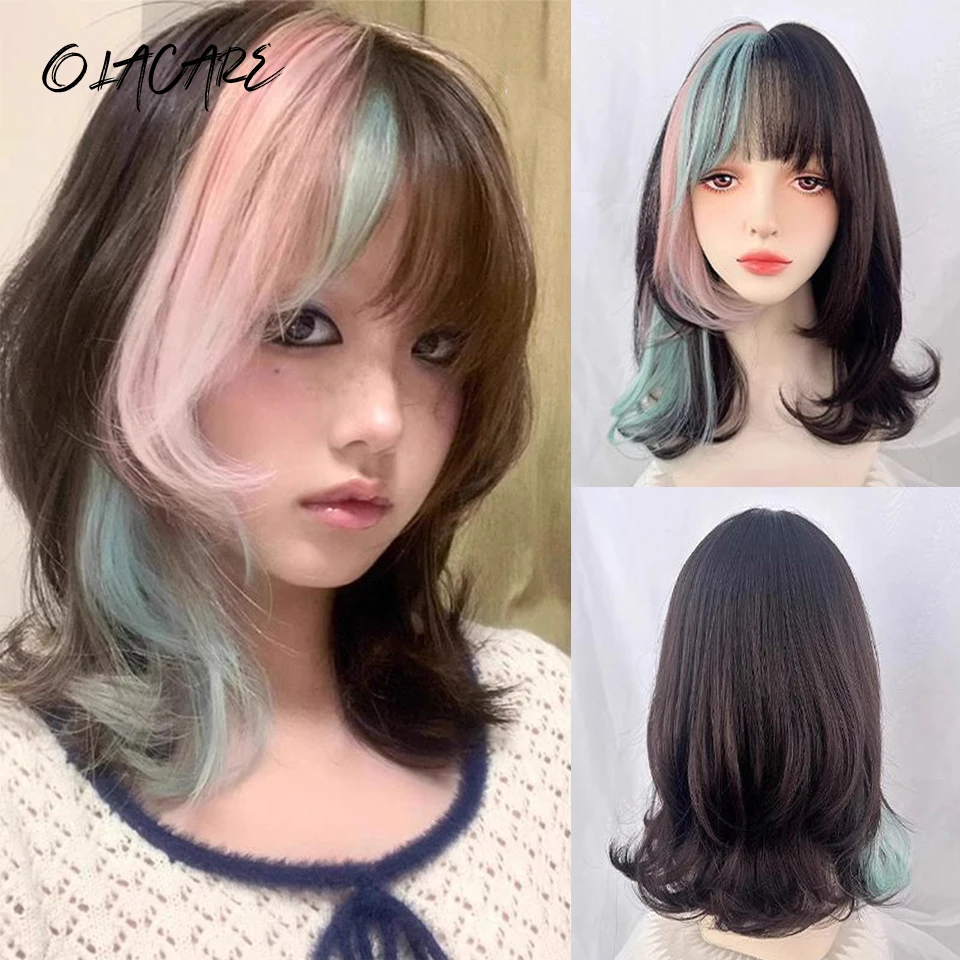 

Black Pink Green Highlight Short Wavy Synthetic Wigs with Bangs Cosplay Hairs Wig for Women Daily Natural Heat Resistant