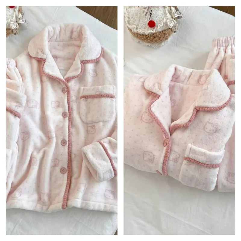

Новые женские пижамы Kitty: зимние, из кораллового флиса, толстые, фланелевые, милые, для дома, сна и отдыха, в стиле Kawaii, модные, трендовые, ночная одежда