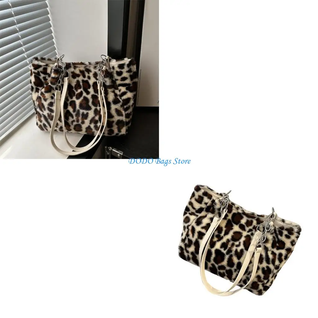 حقيبة كتف واسعة من القطيفة بطبعة جلد الفهد، حقيبة يد مريحة توفر أنماطًا ووظائف للأشخاص ذوي الموضة