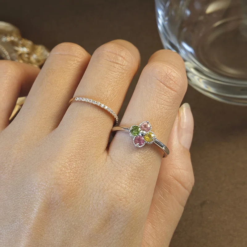 925 Sterling Silver Natural Tourmaline Gemstone Multicolor Resizable Size Ring for Women  Genuine Rainbow