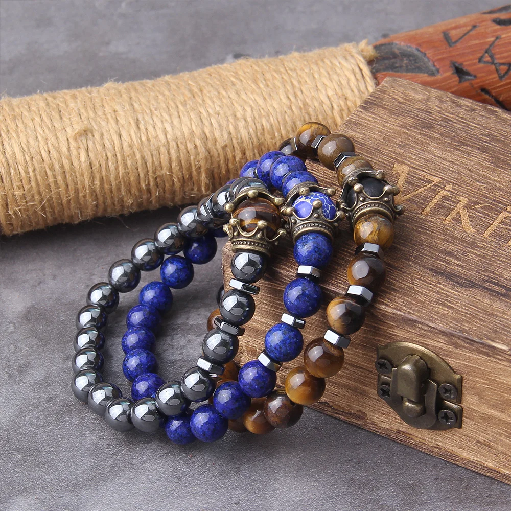 Natural Tiger Eye Men Bracelets Luxury Crown Stone Beads Charm Antique Bracelet Jewelry Gift with wooden box