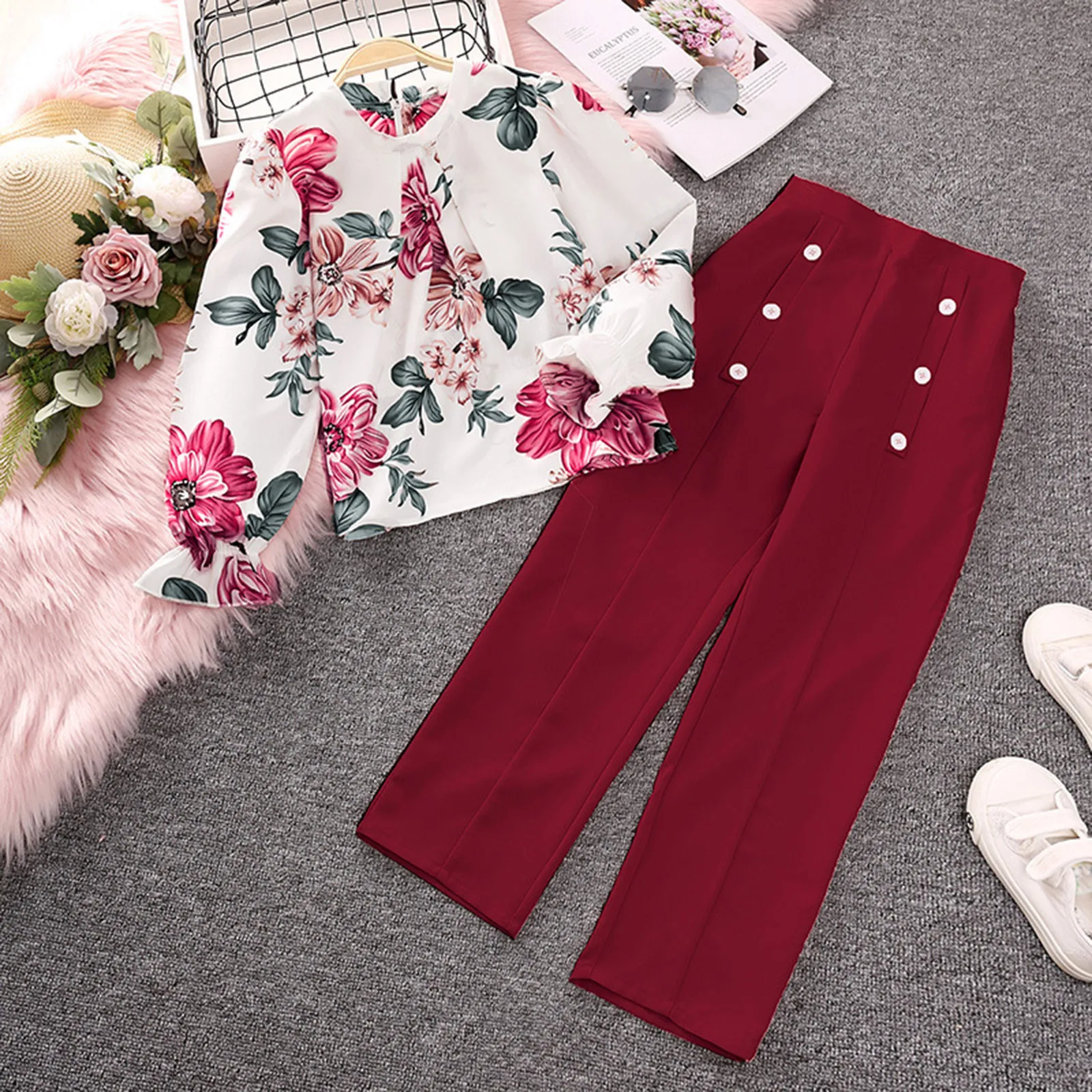 Kids Clothes Sets For Girls 8-12 Years Multiple Colors Flower Print Long Sleeve Tops And Pants Fashion 2Pcs Outfits Sets Clothes