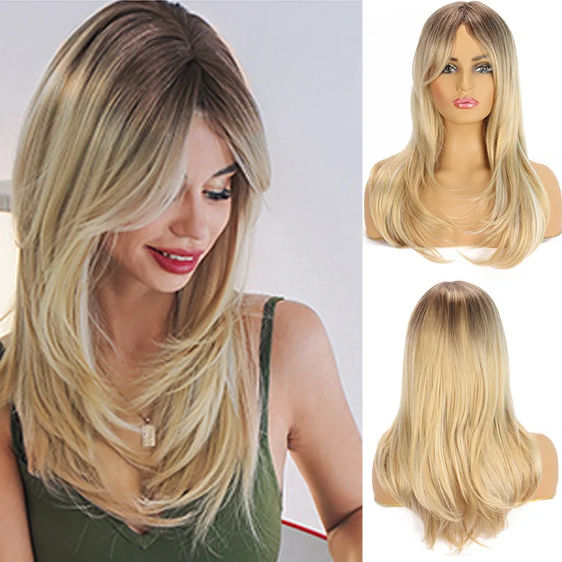 Peluca completa de cabello ondulado degradado para mujer, parte media mixta larga, fiesta de Cosplay, 60cm, nuevo