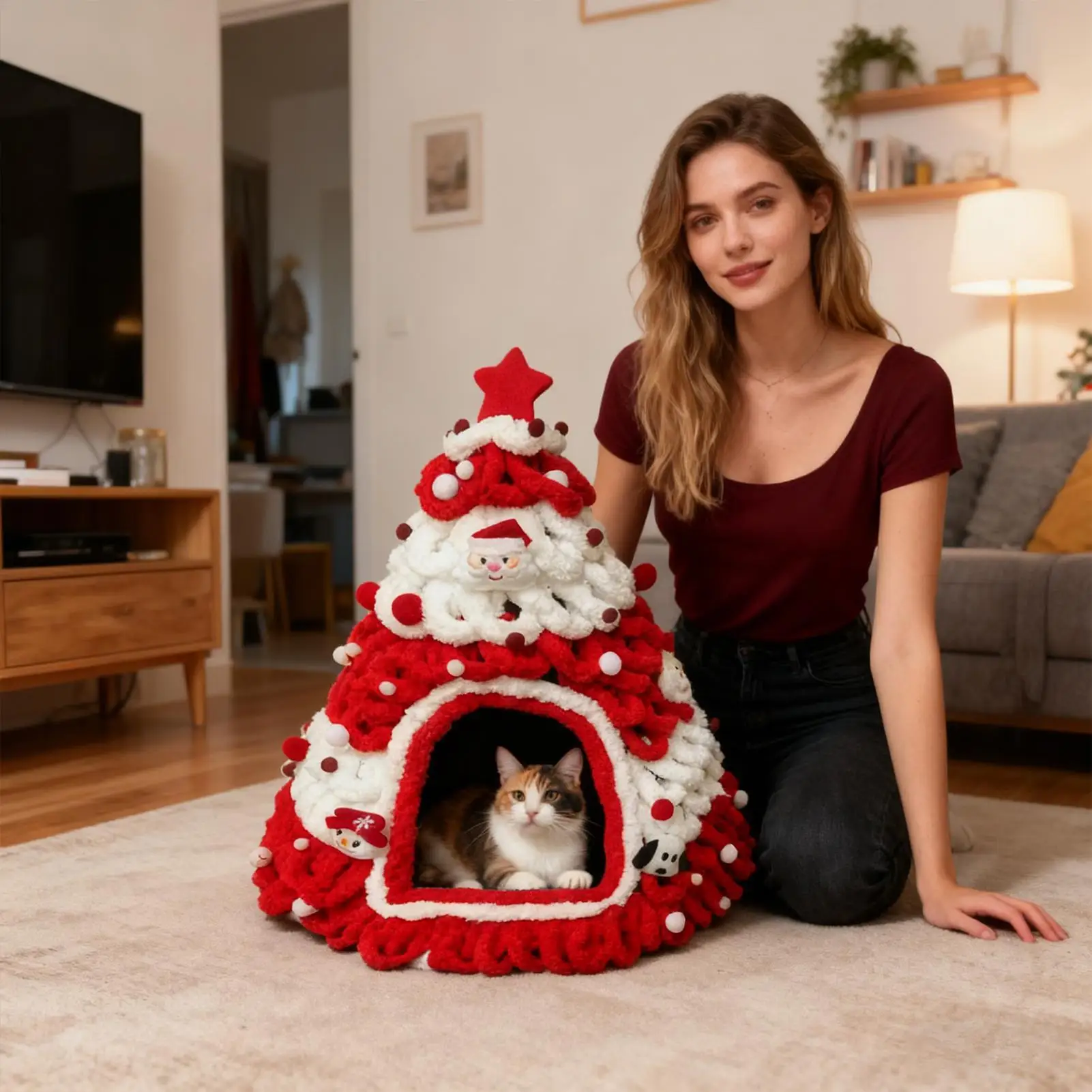Cat House Tree Design Shelter Knitted Nest Warm Christmas Tree Cat Bed for Kitten Small Pet Indoor Outdoor Home Winter Sleeping - view 4