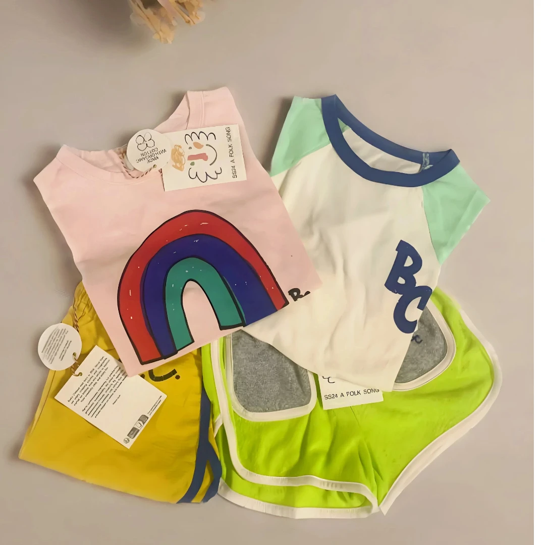 

Summer Korea Style Boys and Girls Cute Cartoon Letter Denim Shorts Boys' Sports Pants T-shirt Sets Children's Vest Leisure Suit
