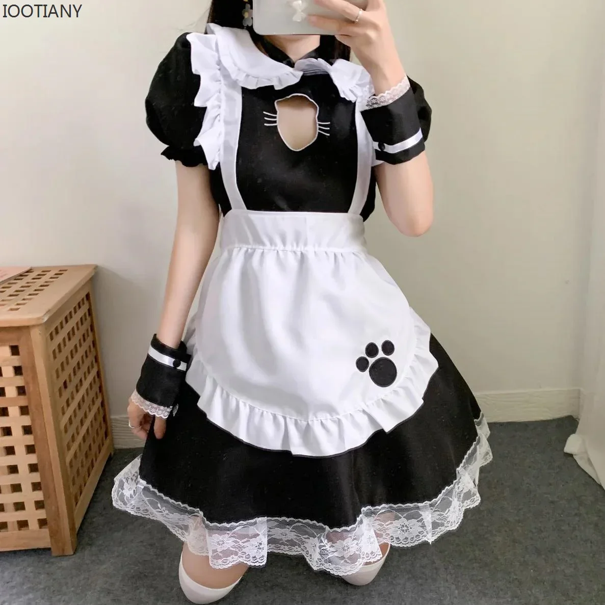 CosplayIootiany Sexy schwarze Katze Mädchen Fantasie Französisches Dienstmädchen Kostüm Gothic Sweet Lolita Kleid Niedliche Anime Katze Cosplay Versuchung Unif