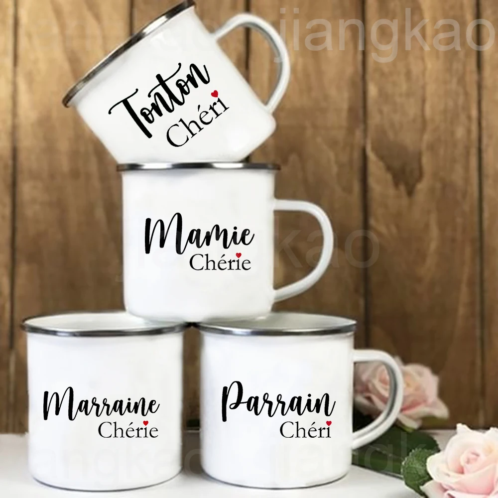 Französische bedruckte Emaille-Tasse, Milchgetränk, Kaffeetassen, Camping-Tassen, Urlaubs-Geburtstagsgeschenke für Tata Marraine Tonton, Mamie, Papy, Parrain