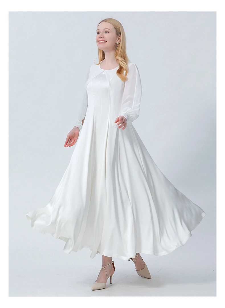 

Silk 40m/m White Shirt Long Sleeve Dresses Women Side Zipper Shawl A-Line Big Swing Princess New Year White Dress AE1006