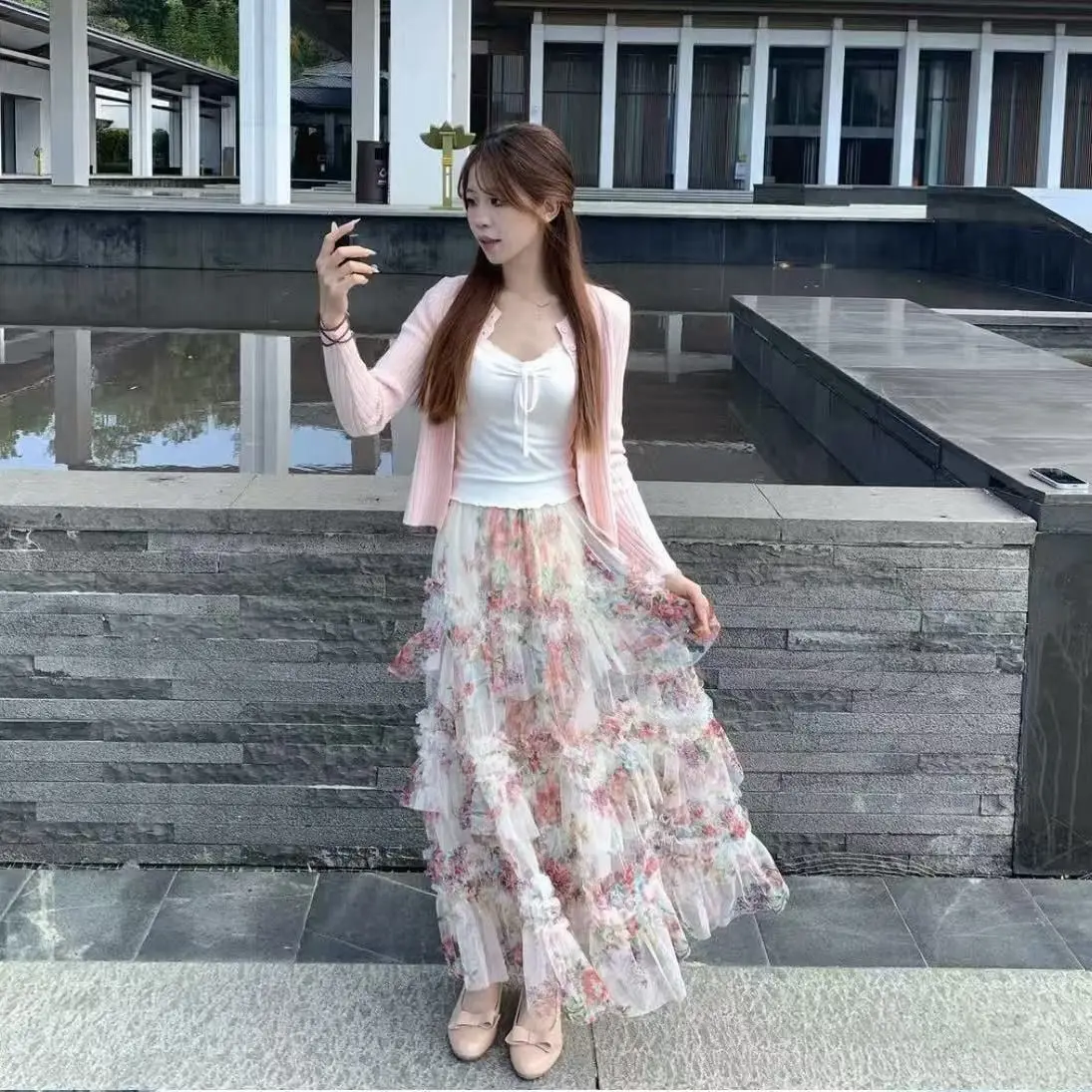 

Spring 2026 New Gentle Pink Knitted Open Cardigan Lace Strap Vest Floral Asymmetrical Long Skirt Set Casual Style High Waist ...