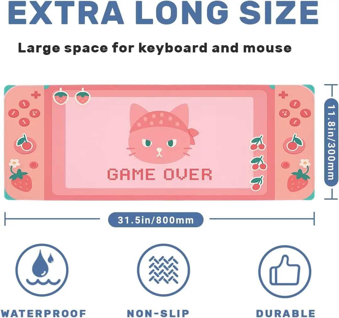 Sweet Pink Game Cat Large Gaming Desk Pad, Lovely Fruit Decor Game‑Over Cartoon Gamer Art Motif, Non‑Slip Mouse Mat For Laptop