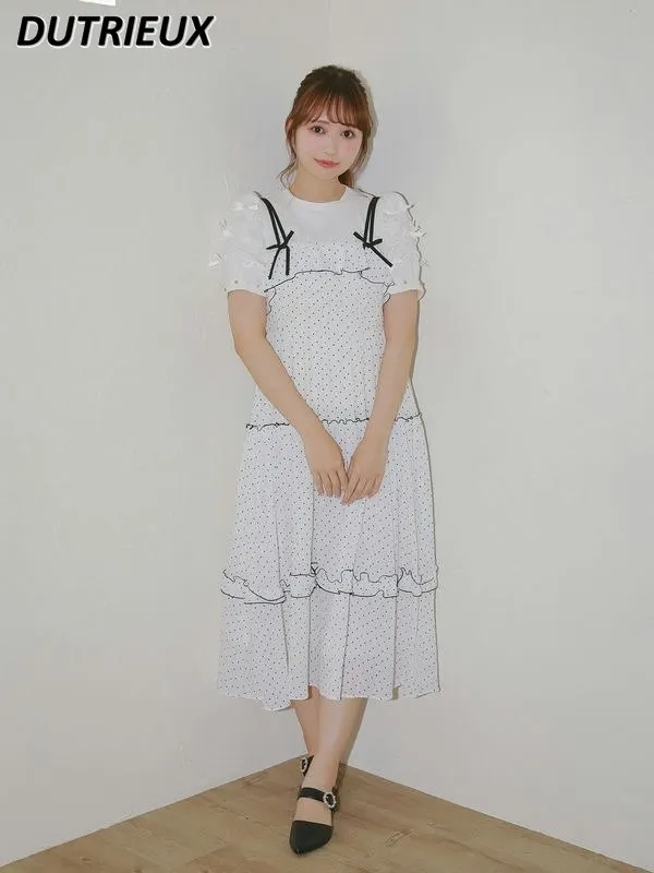 

Japanese Style Sweet Girl Bow Tie Suspender Dress Summer Commuter's All-Matching Ruffled Polka Dot Long Sleeveless Dresses