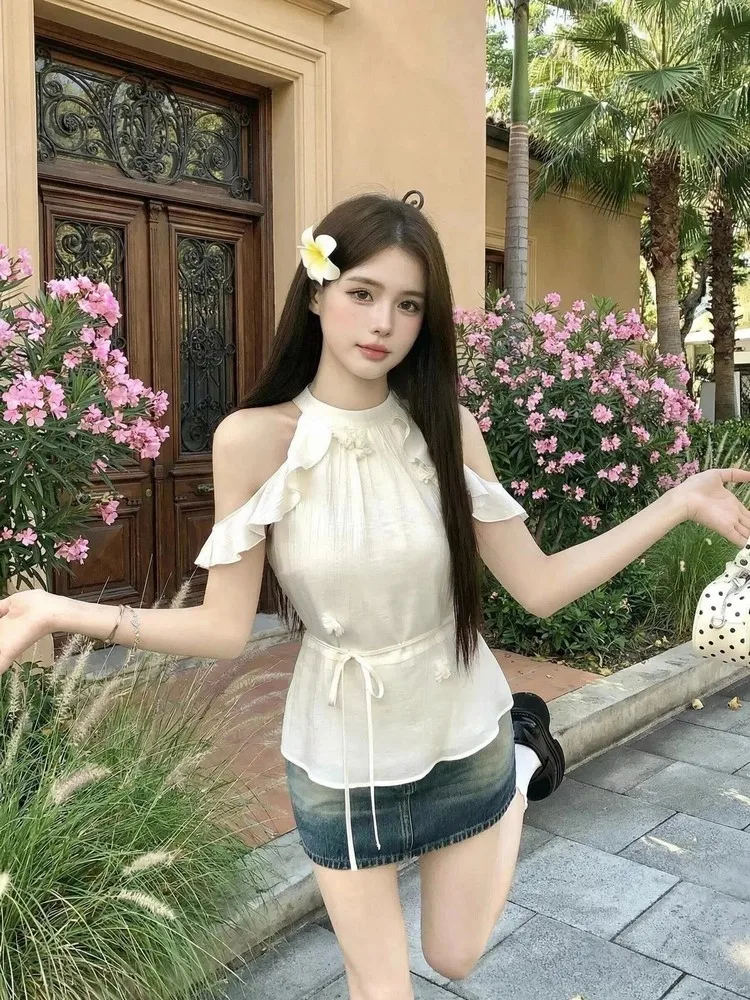 

Korean Sle Pure Desire Hanging Ne Lace Trim irt Women's Waist Cinching Slimming oulder Baring Blouse Summer New Arrival